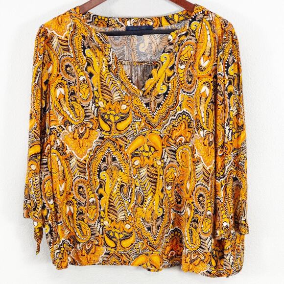 Rachel Roy Paisley Blouse Gold Black Size 1X Boho Bold Print - Picture 1 of 7
